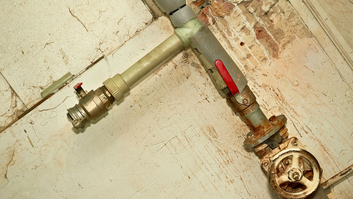 A lever ball valve and a wheel-handled gate valve on the same run of pipe